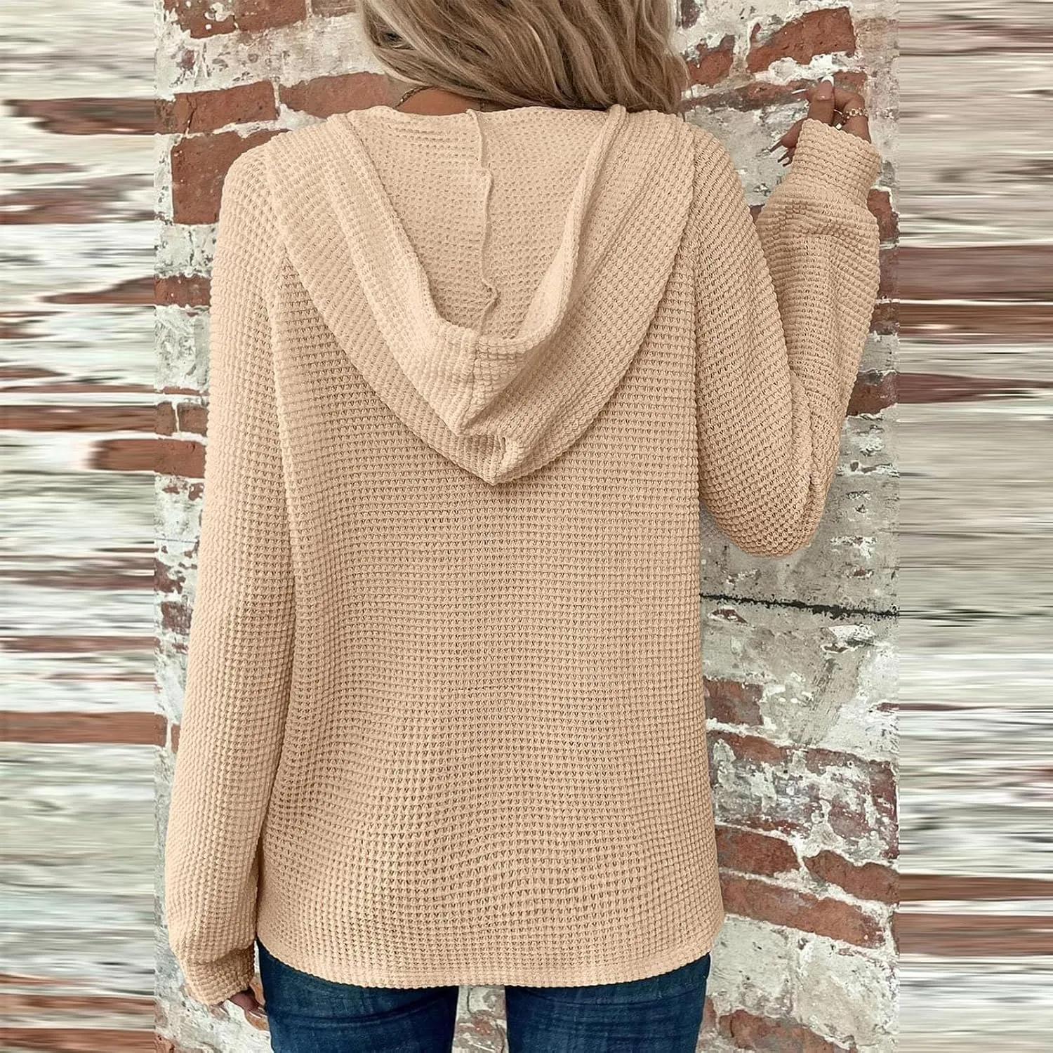 Womens Hoodies Hoodies for Women Waffle Knit Drawstring Button V Neck Long Sleeve Casual Pullover Sweatshirt Hooded Tops