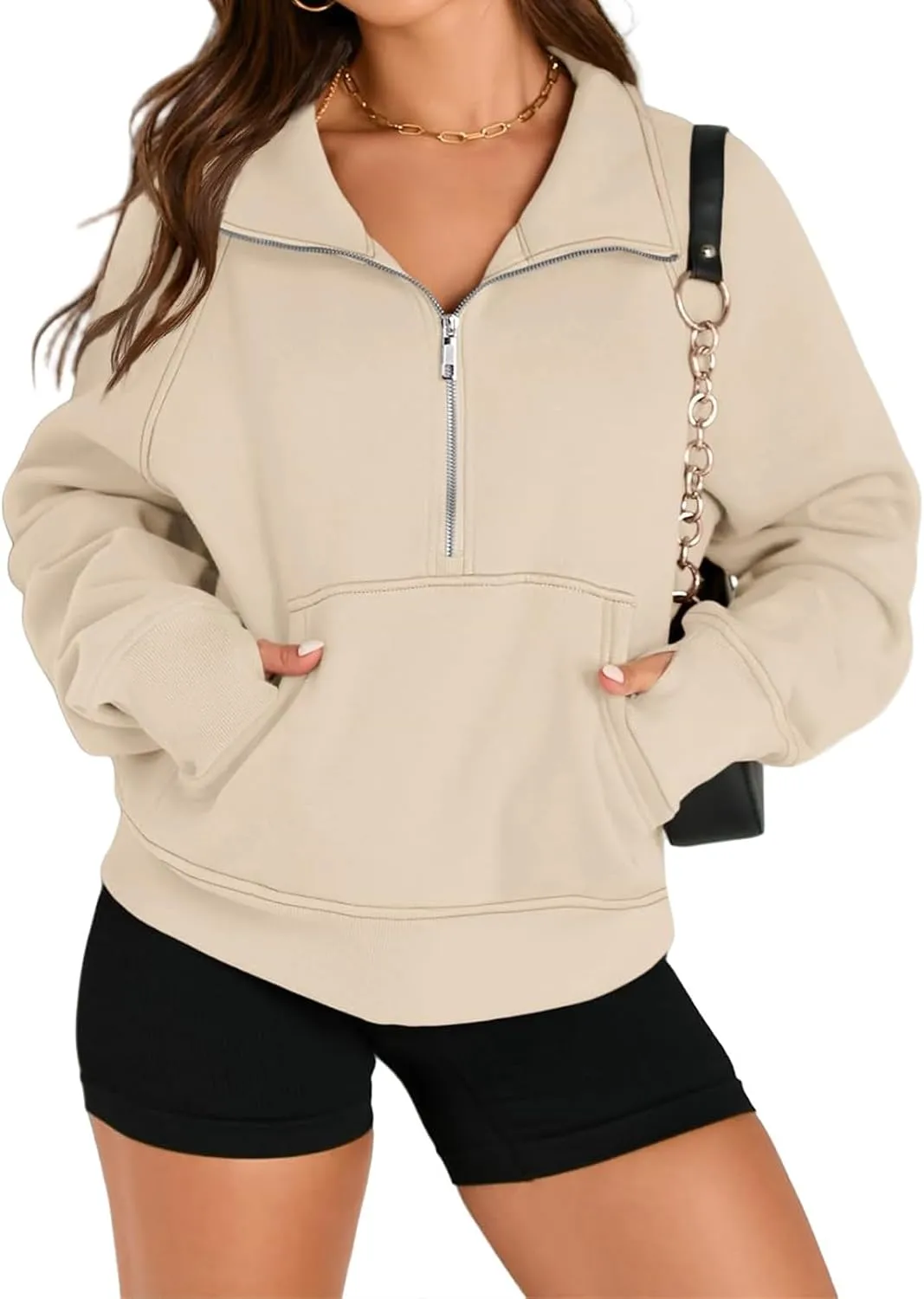 Womens Hoodies Oversized Quarter Zip Pullover Cropped Fleece Sweatshirts with Pockets Fall Clothes Thumb Hole