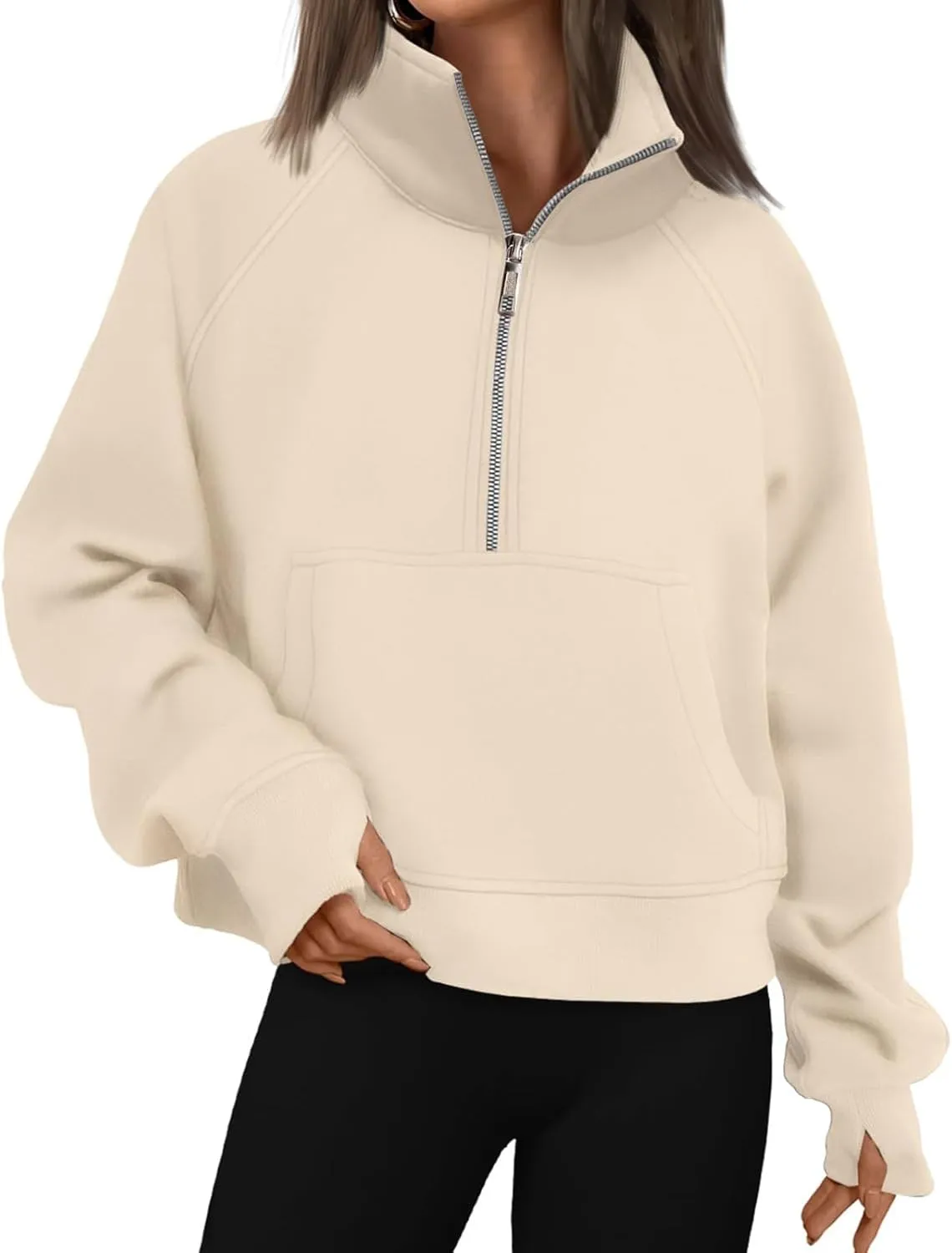 Womens Hoodies Oversized Quarter Zip Pullover Cropped Fleece Sweatshirts with Pockets Fall Clothes Thumb Hole