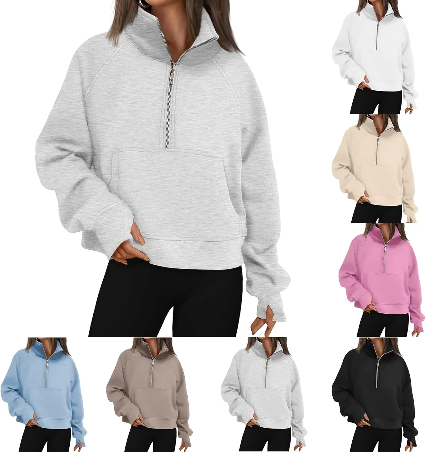Womens Hoodies Oversized Quarter Zip Pullover Cropped Fleece Sweatshirts with Pockets Fall Clothes Thumb Hole