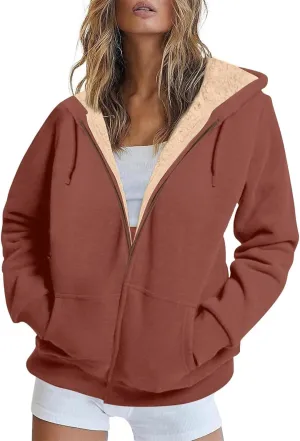 Womens Hoodies Zip Up Sherpa Lined Fleece Warm Jackets Cute Zip Up Sweatshirt Hooded Cardigan Winter Coats With Pocket