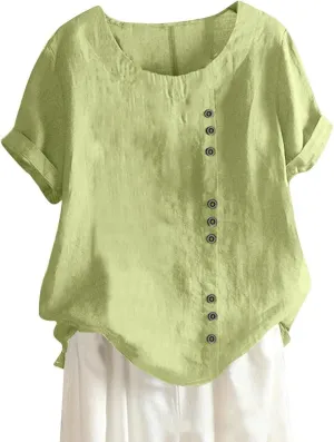 Womens Lined Tops Going Out Casual Short Sleeve Summer Tee Shirts Button Down Crewneck Solid Dressy Blouses