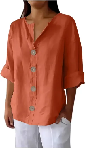 Women's Linen Shirt Button Down V Neck Solid Dressy Blouse 3/4 Sleeves Casual Loose Fit Tunic Tops Summer T Shirts