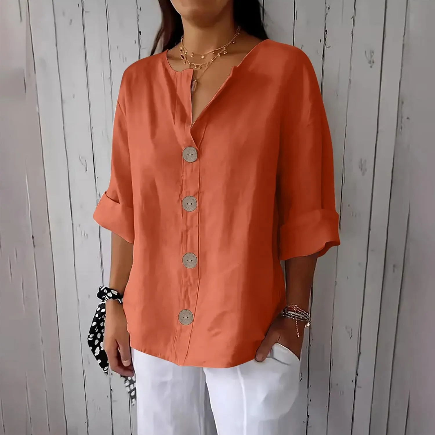 Women's Linen Shirt Button Down V Neck Solid Dressy Blouse 3/4 Sleeves Casual Loose Fit Tunic Tops Summer T Shirts