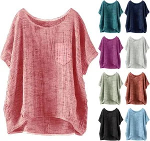 Women's Linen Shirt Round Neck Half Sleeve Crew Neck Loose Fit Tshirt,Lightweight