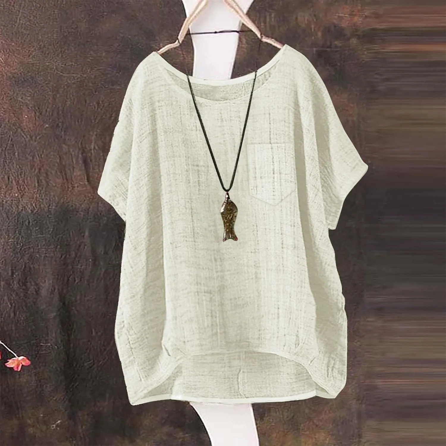 Women's Linen Shirt Round Neck Half Sleeve Crew Neck Loose Fit Tshirt,Lightweight