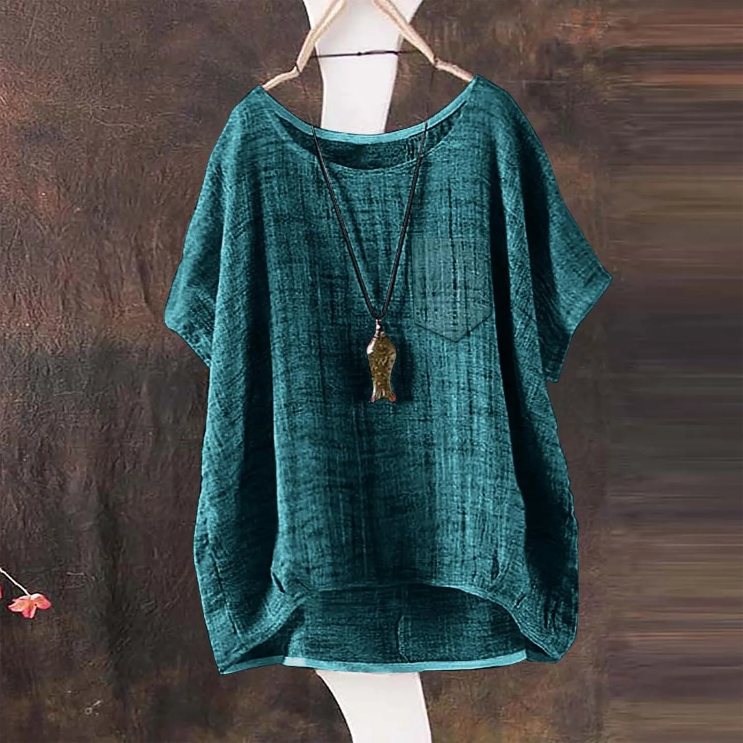 Women's Linen Shirt Round Neck Half Sleeve Crew Neck Loose Fit Tshirt,Lightweight