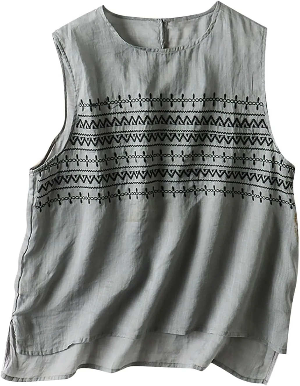 Womens Linen Tops Summer Sleeveless Scooped Neck Floral Embroidered Shirts Casual Oversized Loose Comfy Tees Blouses