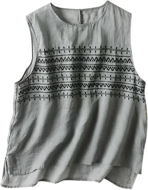 Womens Linen Tops Summer Sleeveless Scooped Neck Floral Embroidered Shirts Casual Oversized Loose Comfy Tees Blouses