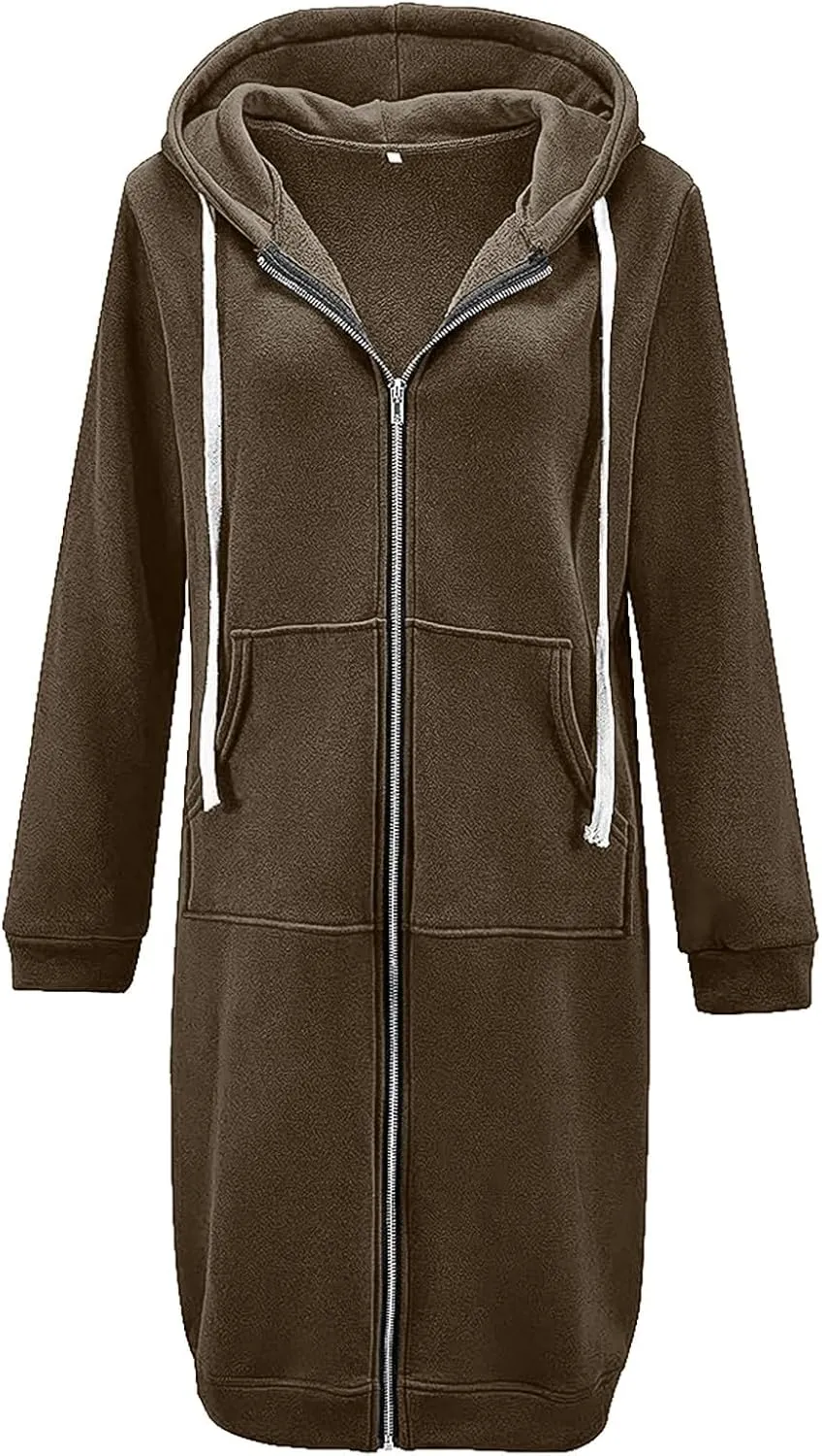 Womens Long Hoodies Tunic Winter Fleece Jackets Knitted Casual Sweatshirt Zip Up Hoodies Casual Full Zip Up Hoodie