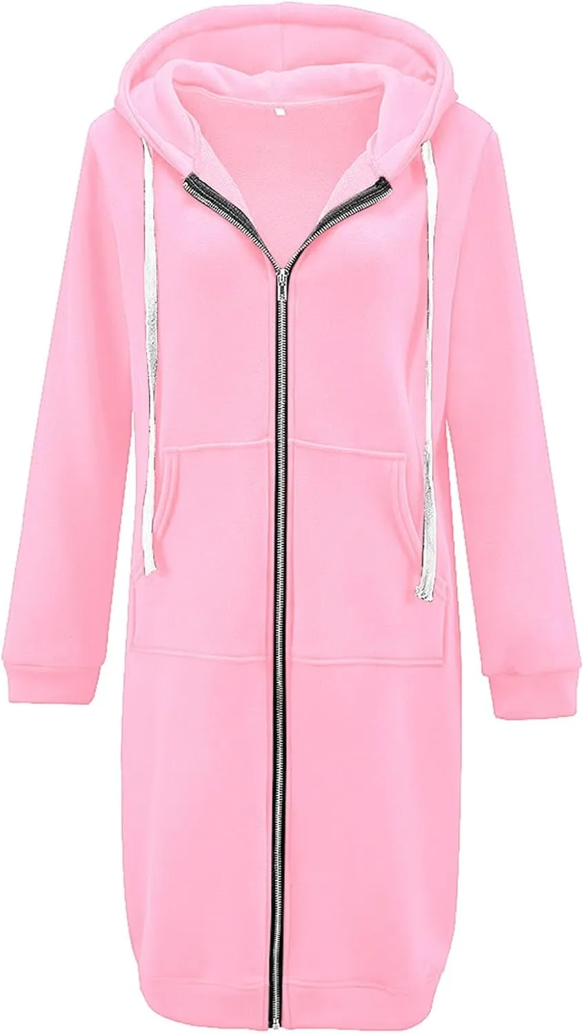 Womens Long Hoodies Tunic Winter Fleece Jackets Knitted Casual Sweatshirt Zip Up Hoodies Casual Full Zip Up Hoodie