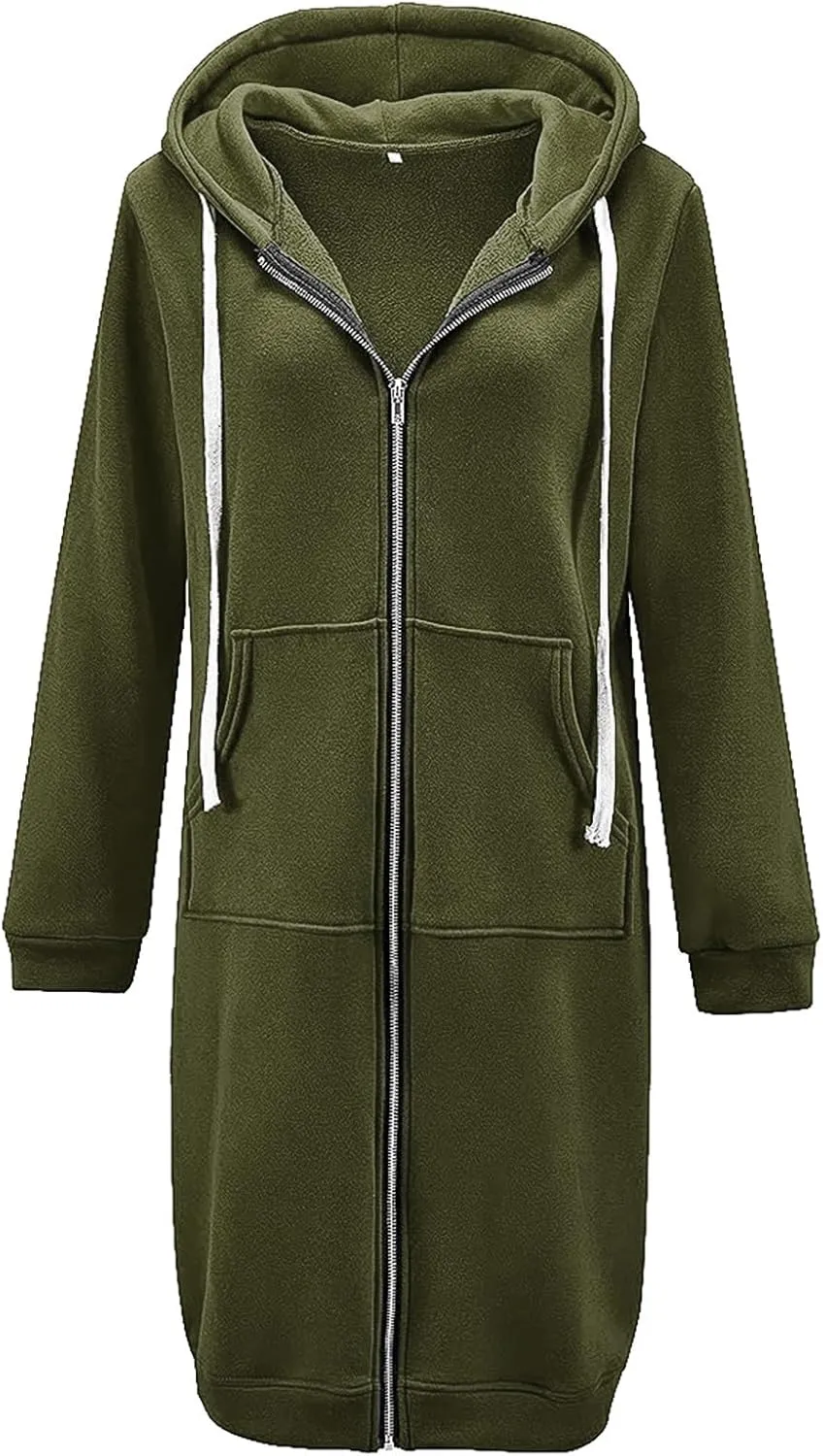 Womens Long Hoodies Tunic Winter Fleece Jackets Knitted Casual Sweatshirt Zip Up Hoodies Casual Full Zip Up Hoodie