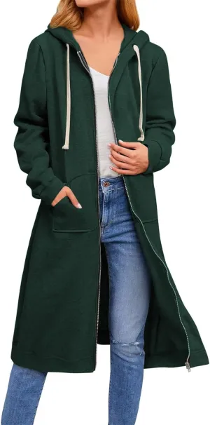 Womens Long Hoodies Zip Up, Full Zip Up Hoodie Fall Long Jackets Coat with Pockets
