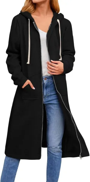 Womens Long Hoodies Zip Up, Full Zip Up Hoodie Fall Long Jackets Coat with Pockets