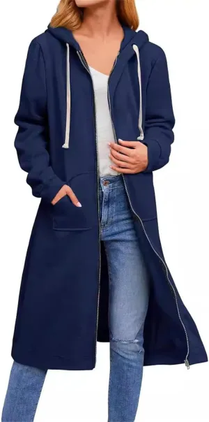 Womens Long Hoodies Zip Up, Full Zip Up Hoodie Fall Long Jackets Coat with Pockets