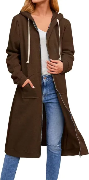 Womens Long Hoodies Zip Up, Full Zip Up Hoodie Fall Long Jackets Coat with Pockets