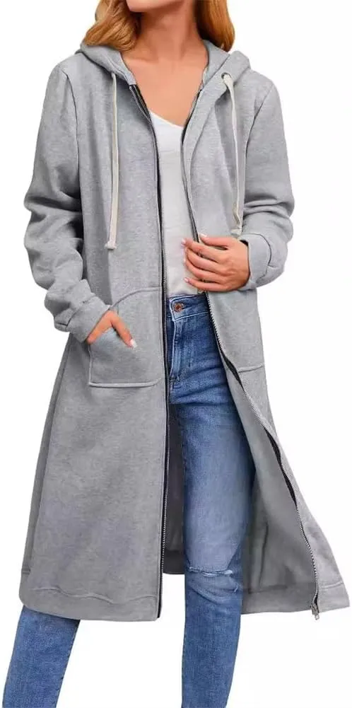 Womens Long Hoodies Zip Up, Full Zip Up Hoodie Fall Long Jackets Coat with Pockets