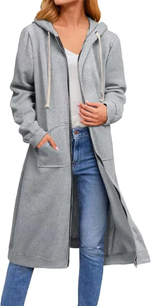 Womens Long Hoodies Zip Up, Full Zip Up Hoodie Fall Long Jackets Coat with Pockets