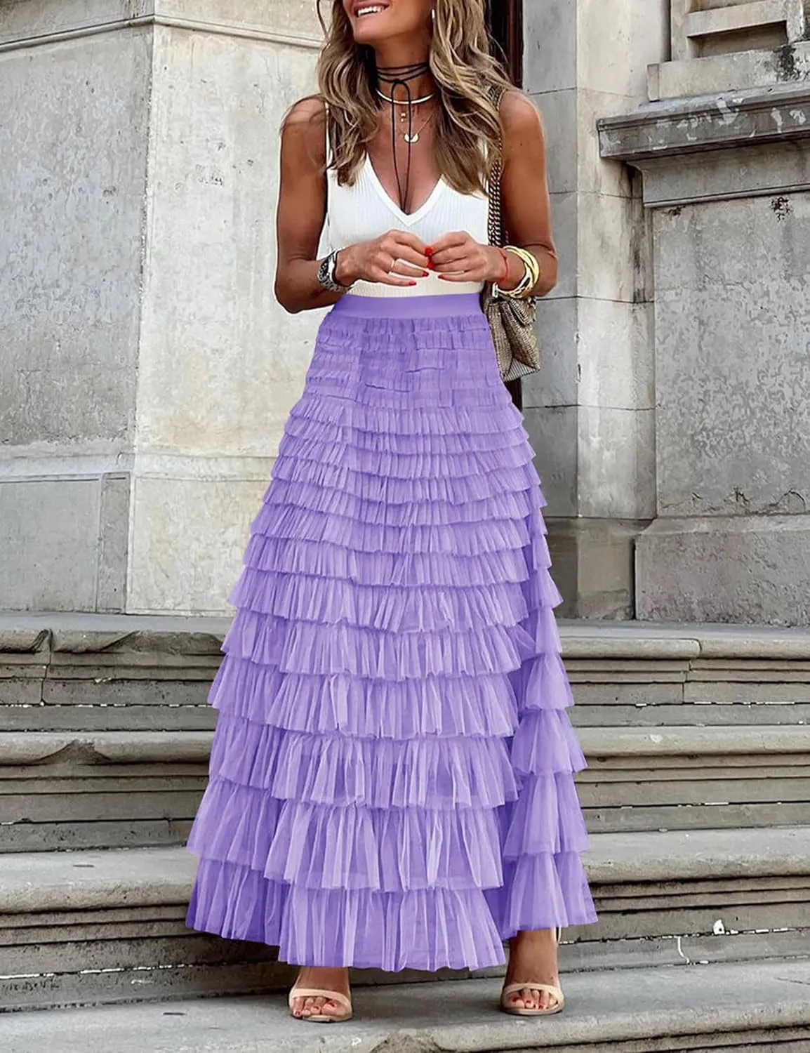 Women's Long Maxi Tulle Tutu Skirt High Waisted Ruffle Layered Flowy A Line Bottoms for Party Wedding Vacation