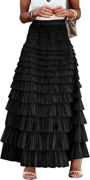 Women's Long Maxi Tulle Tutu Skirt High Waisted Ruffle Layered Flowy A Line Bottoms for Party Wedding Vacation