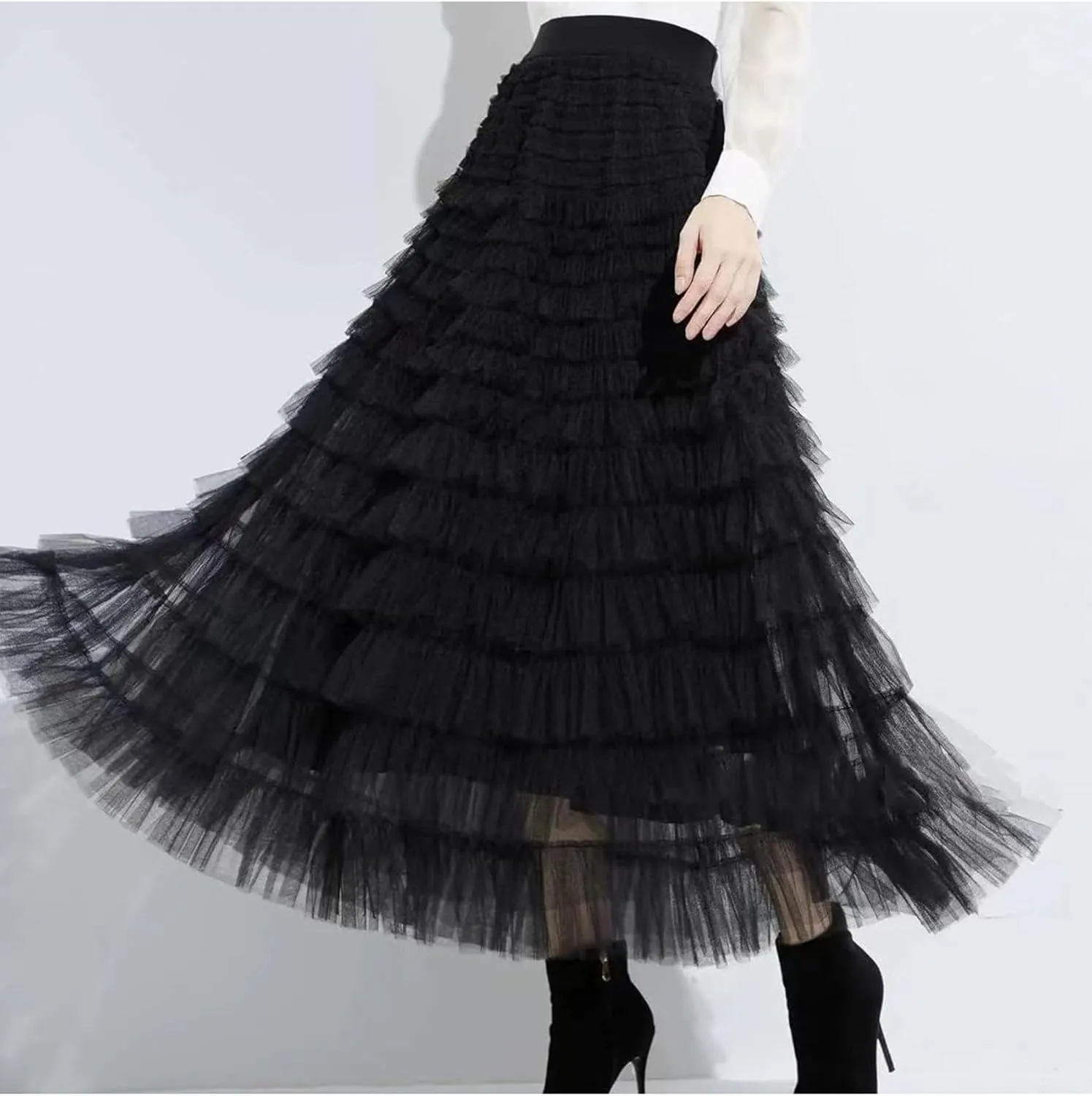 Women's Long Maxi Tulle Tutu Skirt High Waisted Ruffle Layered Flowy A Line Bottoms for Party Wedding Vacation