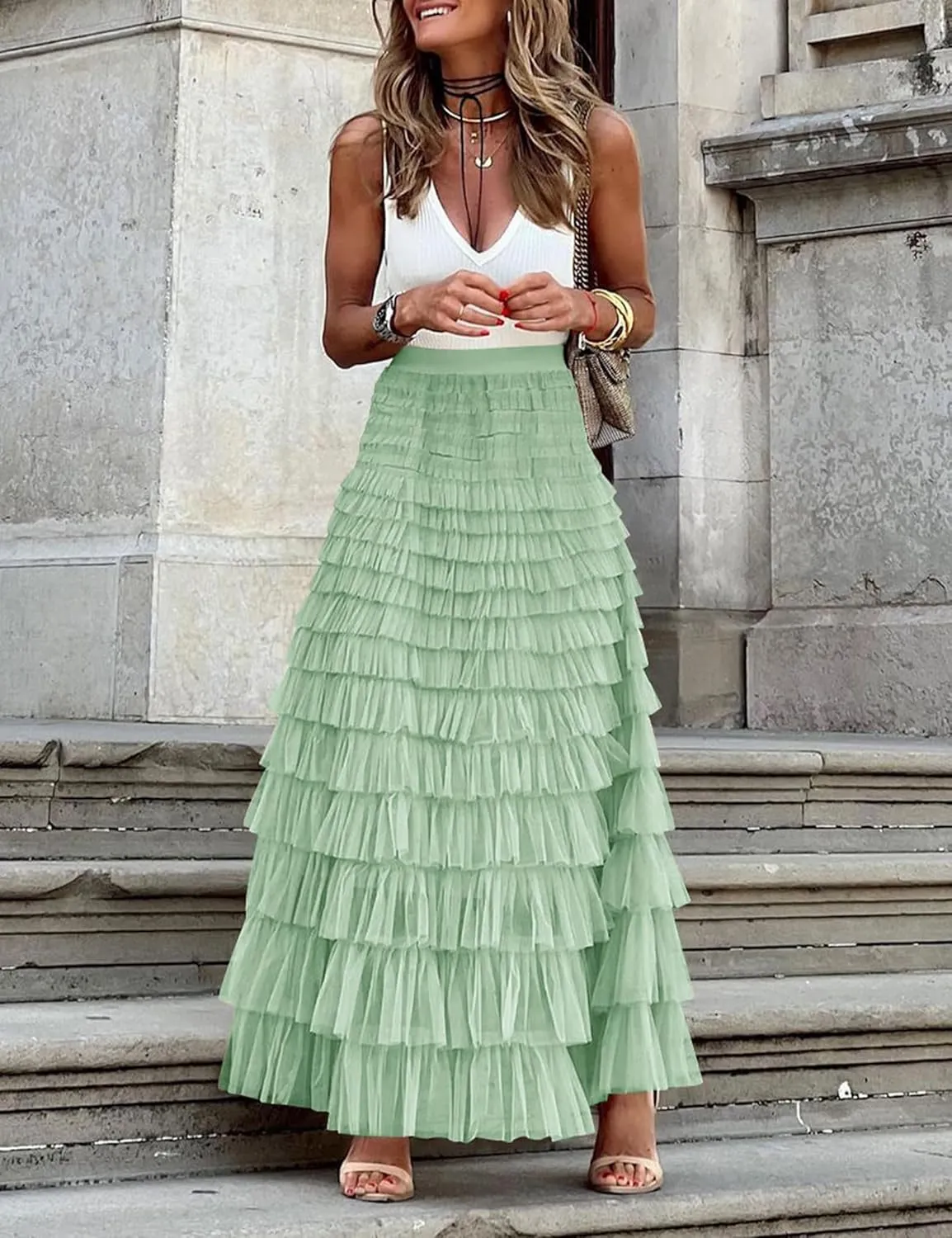 Women's Long Maxi Tulle Tutu Skirt High Waisted Ruffle Layered Flowy A Line Bottoms for Party Wedding Vacation