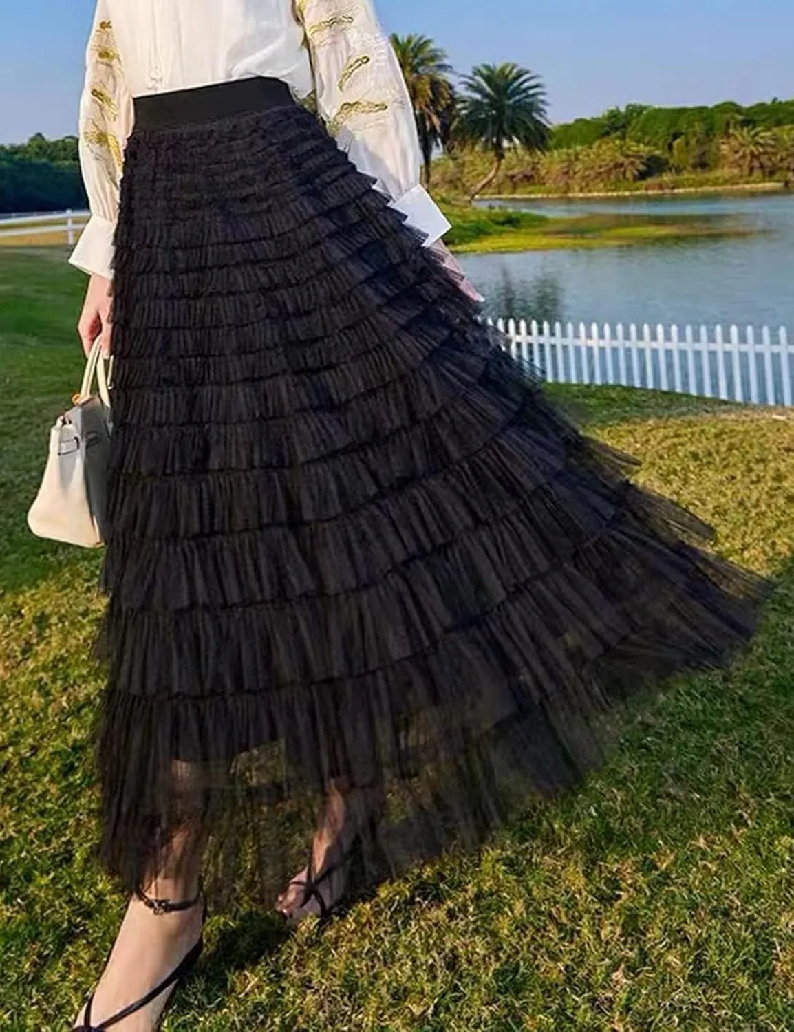 Women's Long Maxi Tulle Tutu Skirt High Waisted Ruffle Layered Flowy A Line Bottoms for Party Wedding Vacation