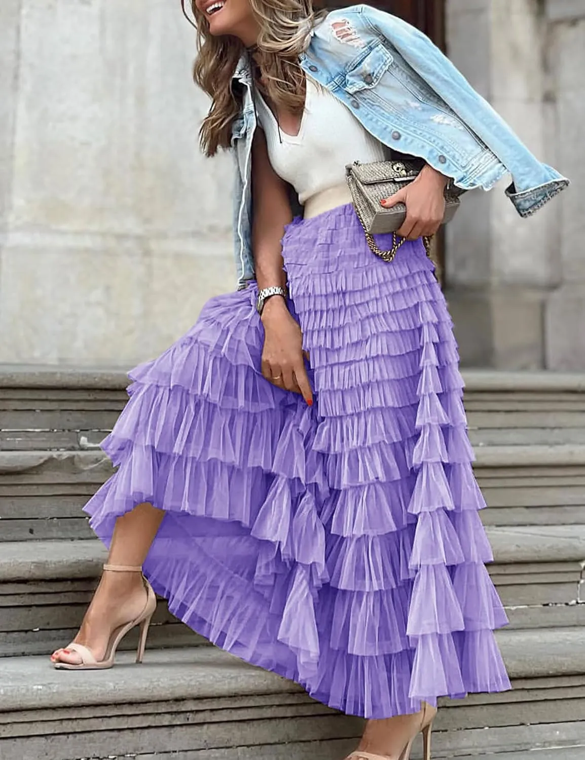 Women's Long Maxi Tulle Tutu Skirt High Waisted Ruffle Layered Flowy A Line Bottoms for Party Wedding Vacation