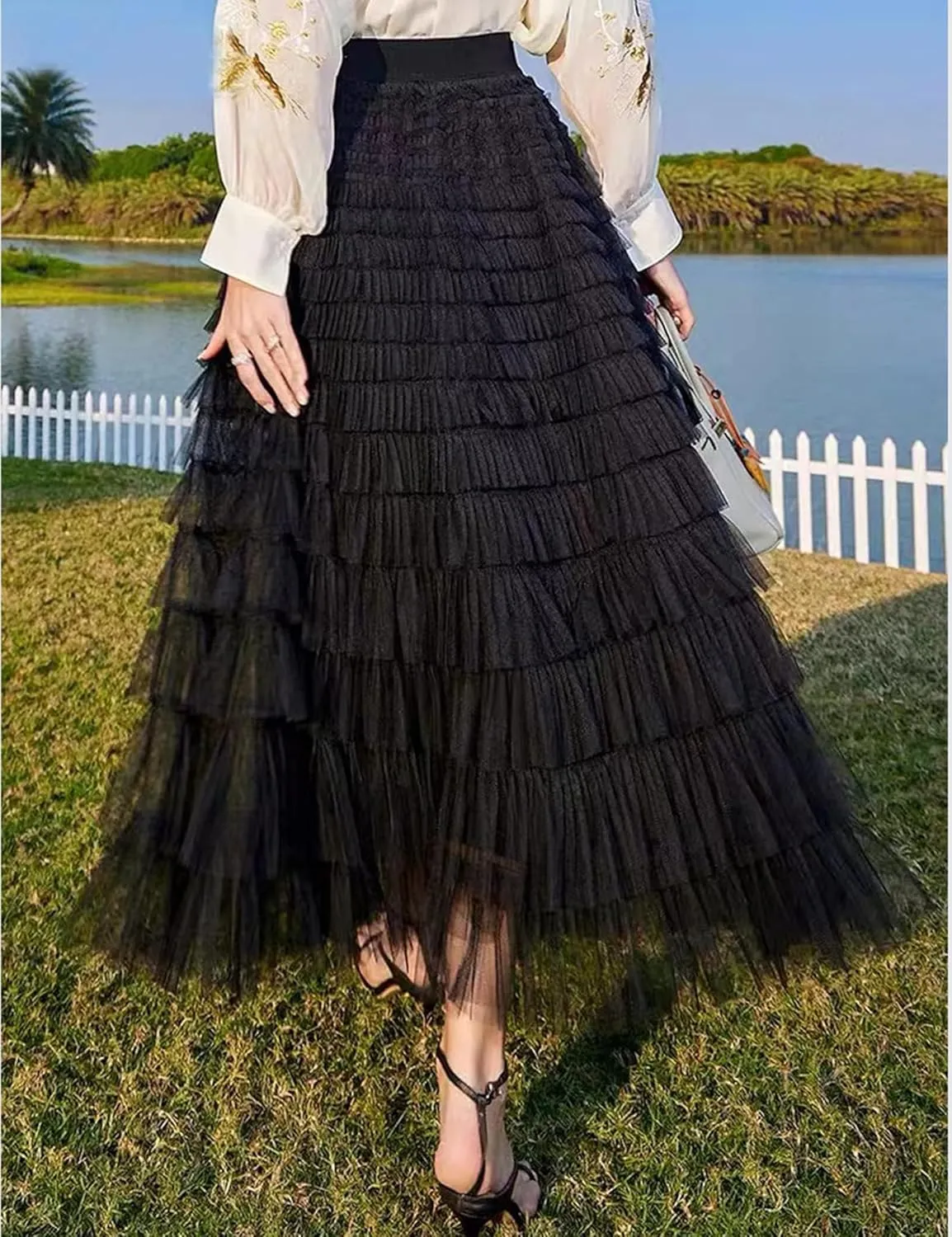 Women's Long Maxi Tulle Tutu Skirt High Waisted Ruffle Layered Flowy A Line Bottoms for Party Wedding Vacation