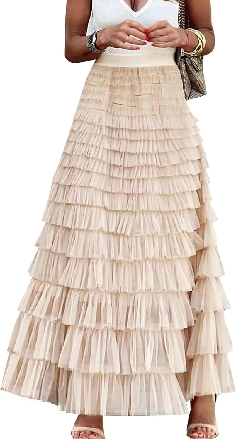 Women's Long Maxi Tulle Tutu Skirt High Waisted Ruffle Layered Flowy A Line Bottoms for Party Wedding Vacation