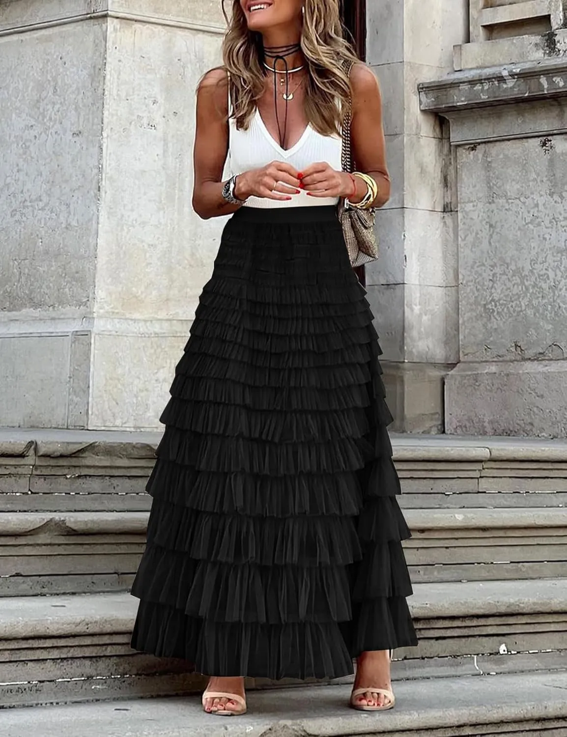 Women's Long Maxi Tulle Tutu Skirt High Waisted Ruffle Layered Flowy A Line Bottoms for Party Wedding Vacation