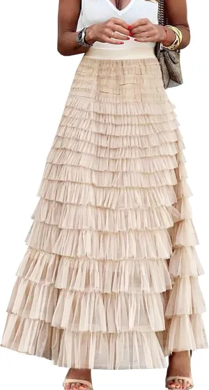 Women's Long Maxi Tulle Tutu Skirt High Waisted Ruffle Layered Flowy A Line Bottoms for Party Wedding Vacation