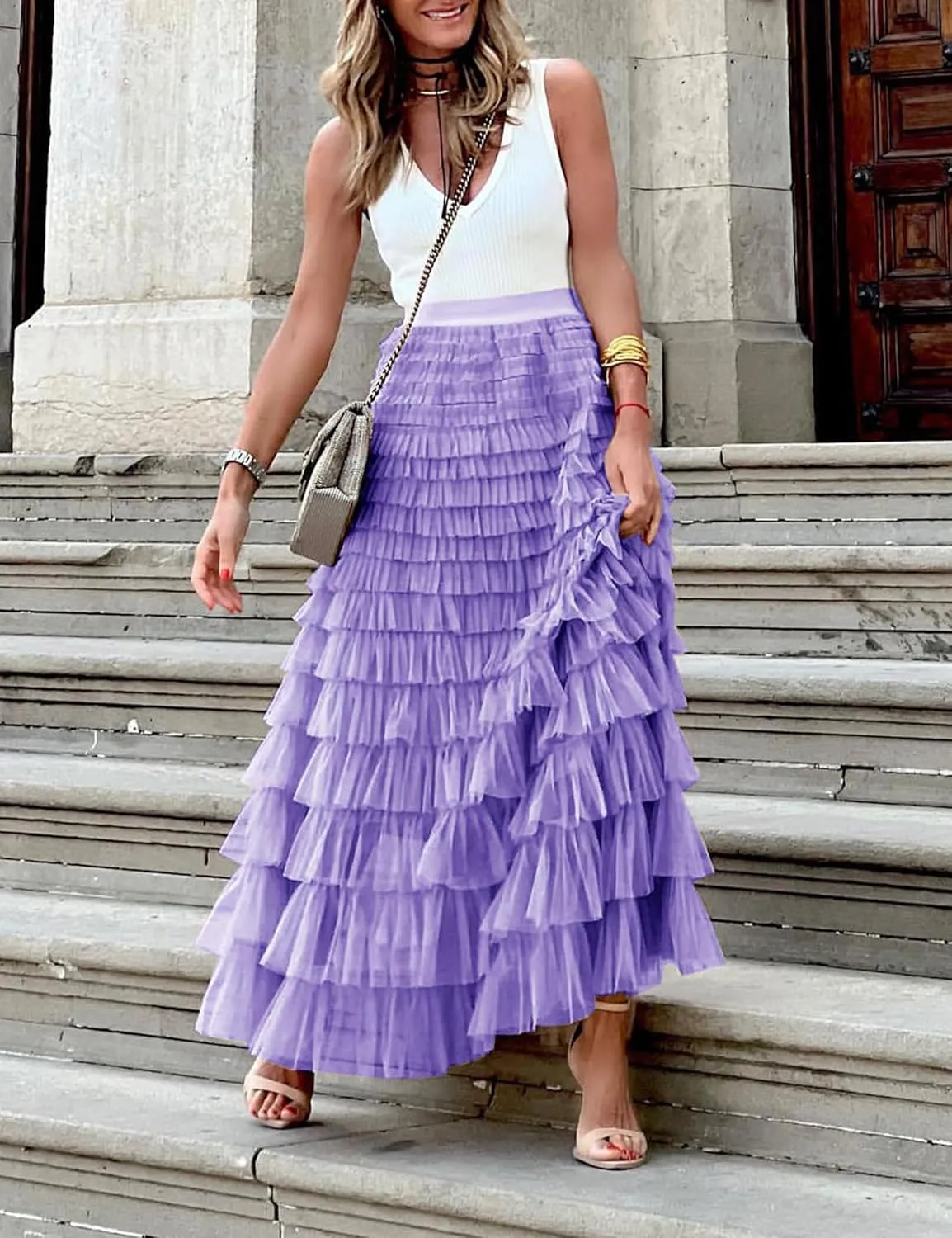 Women's Long Maxi Tulle Tutu Skirt High Waisted Ruffle Layered Flowy A Line Bottoms for Party Wedding Vacation