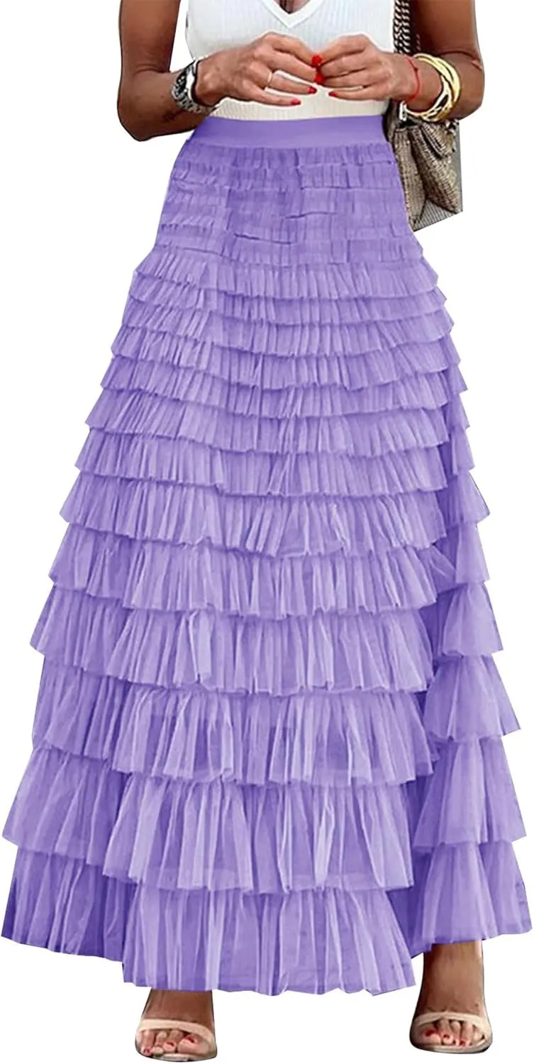 Women's Long Maxi Tulle Tutu Skirt High Waisted Ruffle Layered Flowy A Line Bottoms for Party Wedding Vacation