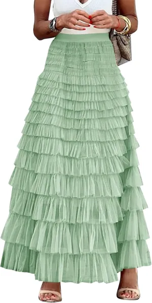 Women's Long Maxi Tulle Tutu Skirt High Waisted Ruffle Layered Flowy A Line Bottoms for Party Wedding Vacation