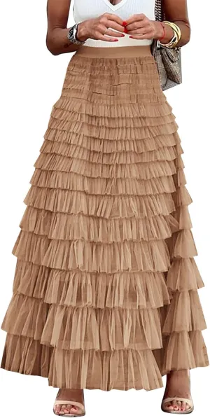 Women's Long Maxi Tulle Tutu Skirt High Waisted Ruffle Layered Flowy A Line Bottoms for Party Wedding Vacation
