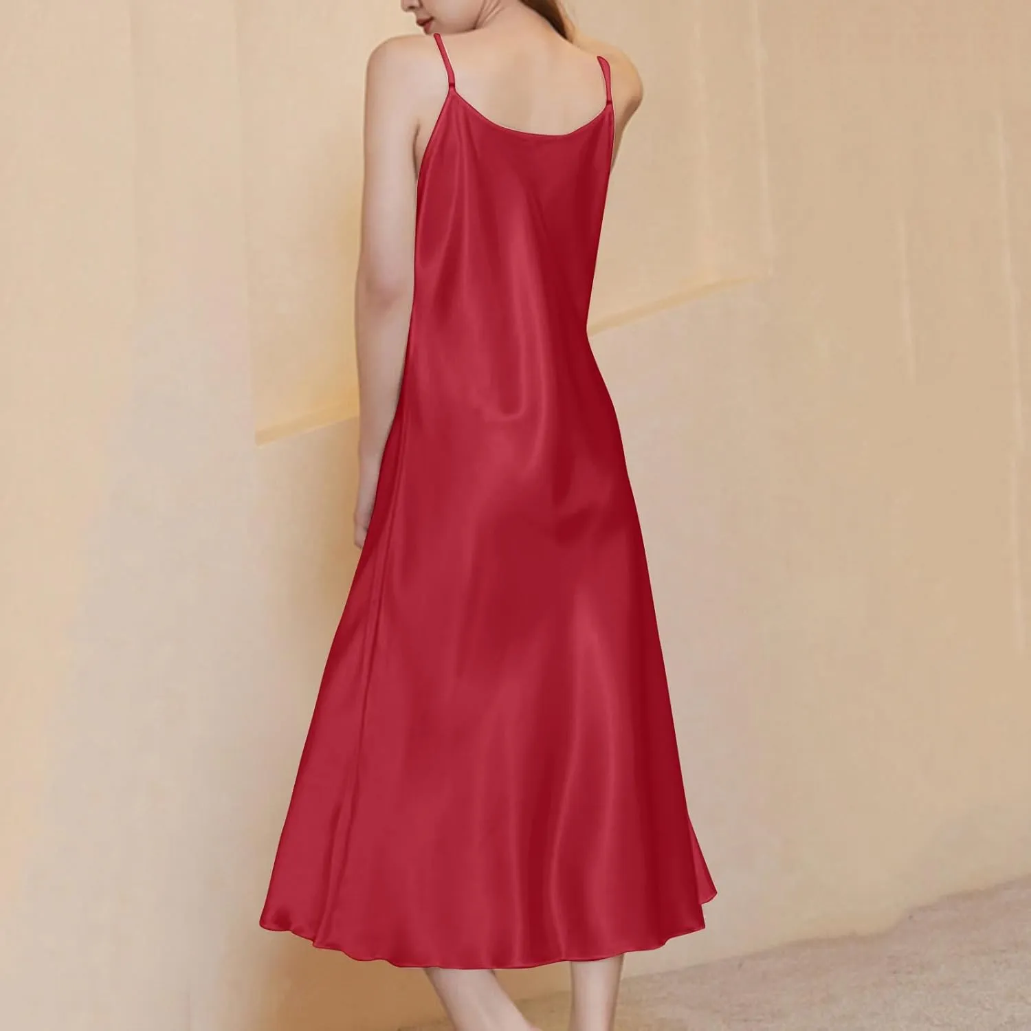 Women's Long Satin Silk Nightgown Spaghetti Straps Loose V Neck Babydoll Chemise Open Front Nightie Sleepwear