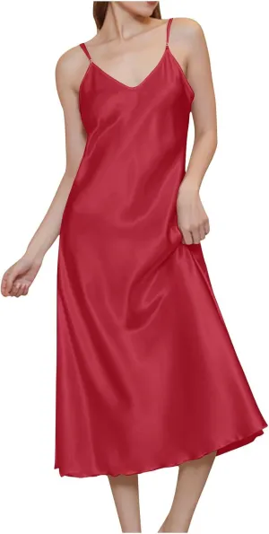 Women's Long Satin Silk Nightgown Spaghetti Straps Loose V Neck Babydoll Chemise Open Front Nightie Sleepwear