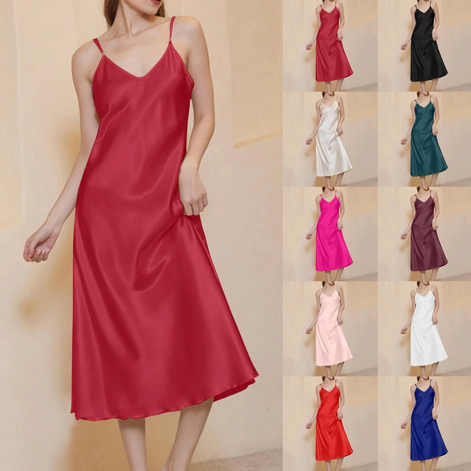 Women's Long Satin Silk Nightgown Spaghetti Straps Loose V Neck Babydoll Chemise Open Front Nightie Sleepwear