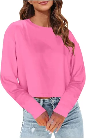 Womens Long Sleeve Cropped T-Shirts Round Neck Drop Shoulder Crop Sweatshirts Solid Casual Crop Tops