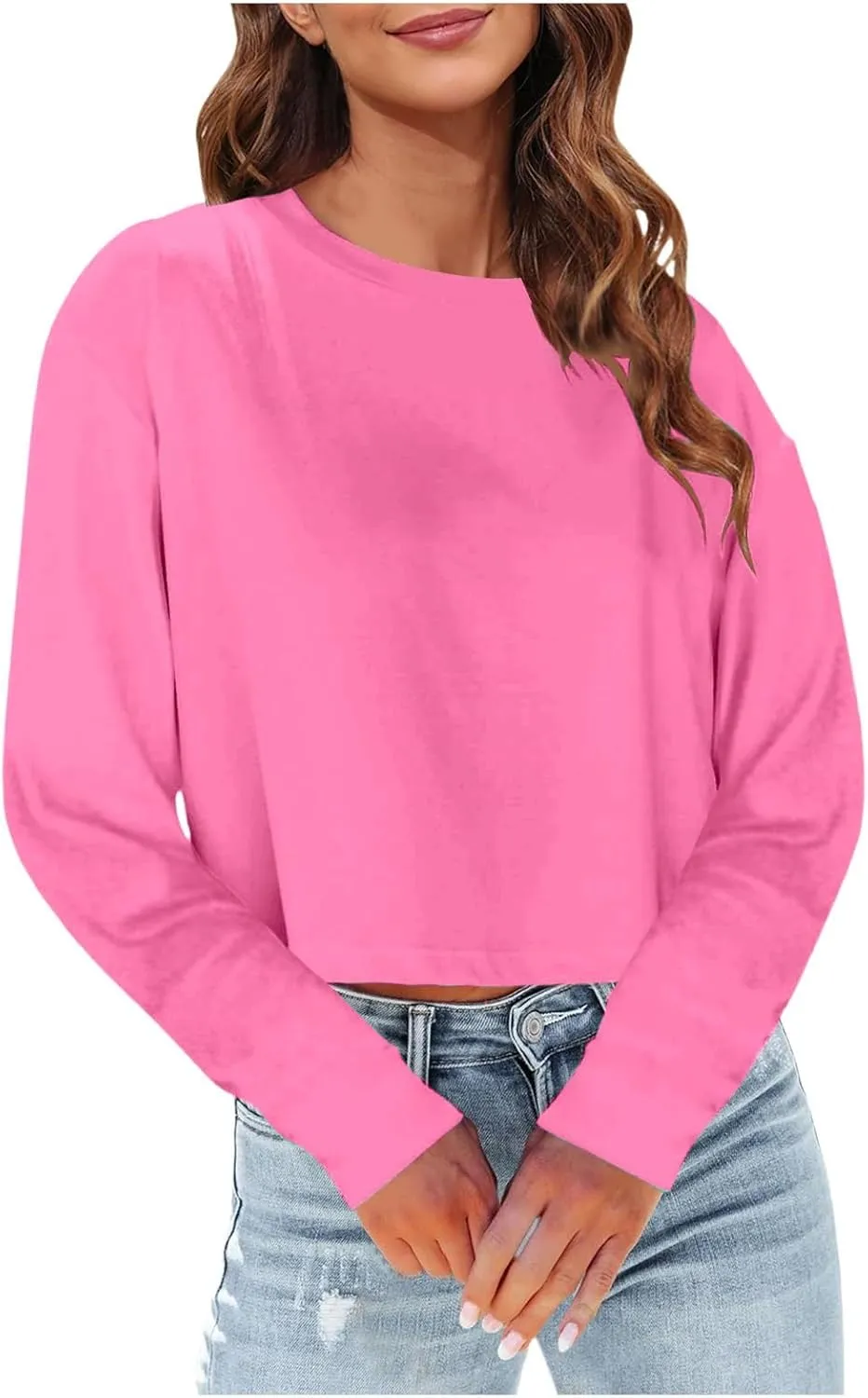 Womens Long Sleeve Cropped T-Shirts Round Neck Drop Shoulder Crop Sweatshirts Solid Casual Crop Tops