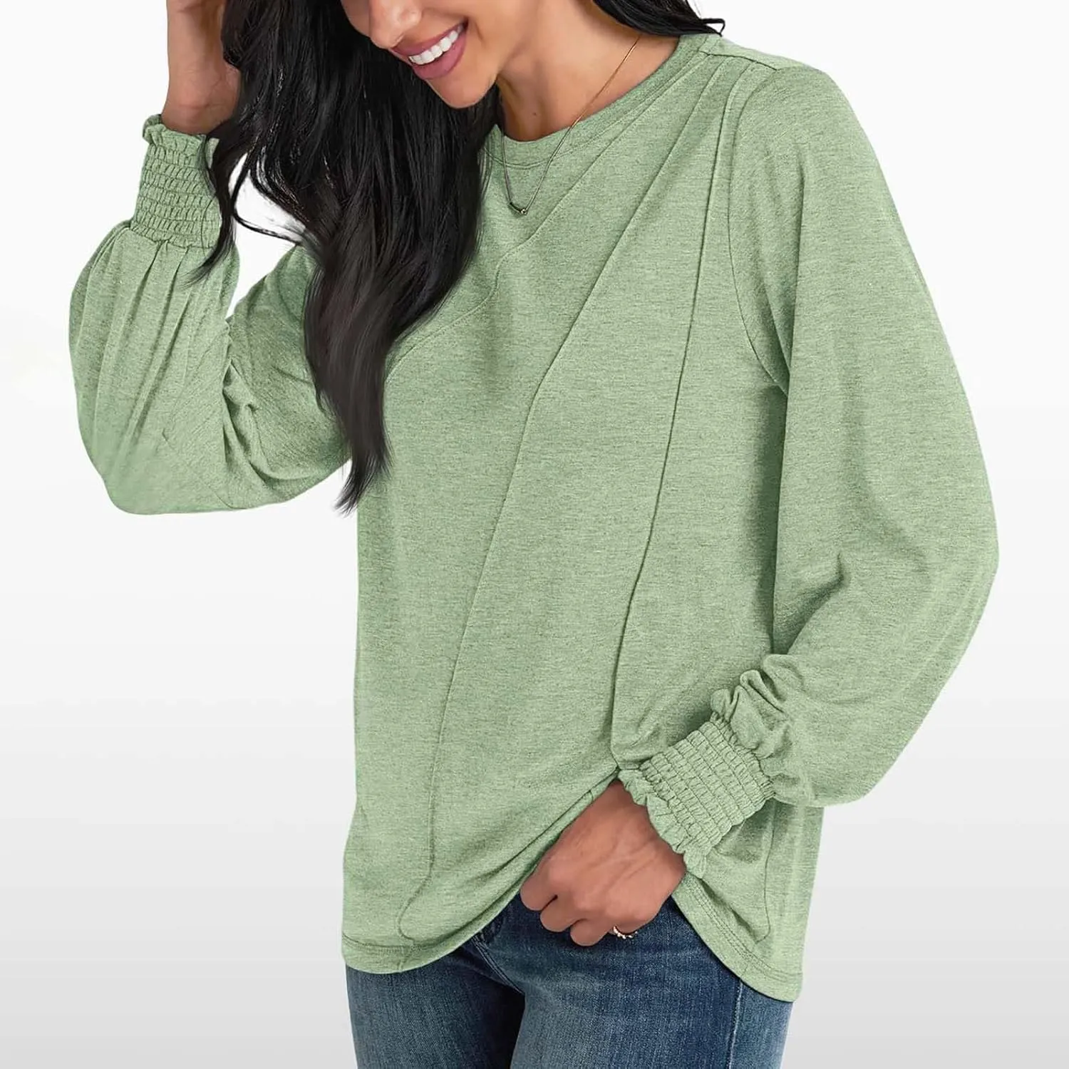 Womens Long Sleeve Shirts Fashion Crewneck Pleated Blouse Dressy Casual Tops Plus Size T Shirt 2024 Fall Trendy Clothes