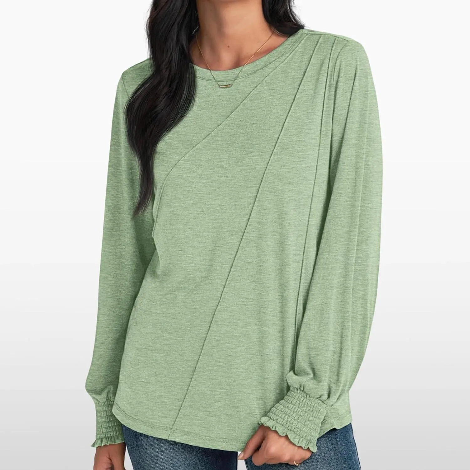 Womens Long Sleeve Shirts Fashion Crewneck Pleated Blouse Dressy Casual Tops Plus Size T Shirt 2024 Fall Trendy Clothes