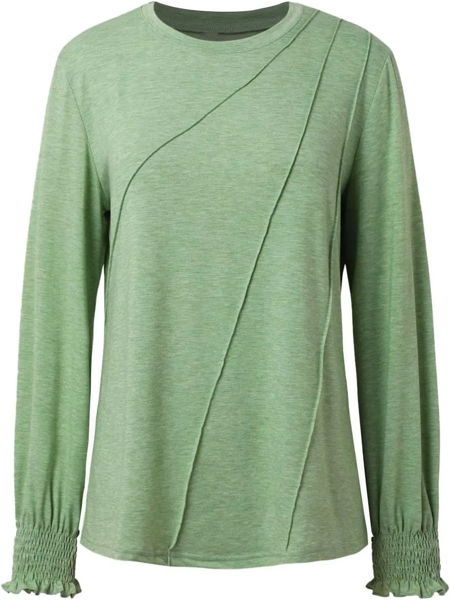Womens Long Sleeve Shirts Fashion Crewneck Pleated Blouse Dressy Casual Tops Plus Size T Shirt 2024 Fall Trendy Clothes