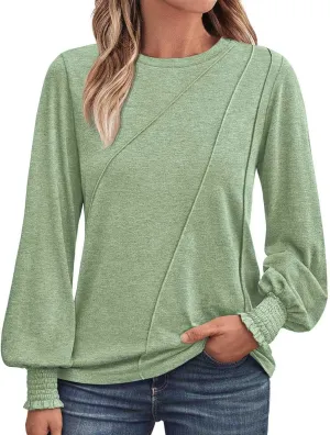 Womens Long Sleeve Shirts Fashion Crewneck Pleated Blouse Dressy Casual Tops Plus Size T Shirt 2024 Fall Trendy Clothes