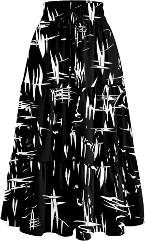 Women's Maxi Bliack Skirt Casual Elastic High Waist Maxi Skirts Flowy Beach Long Beach Vacation Dress with Pockets