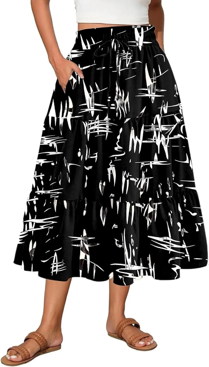 Women's Maxi Bliack Skirt Casual Elastic High Waist Maxi Skirts Flowy Beach Long Beach Vacation Dress with Pockets