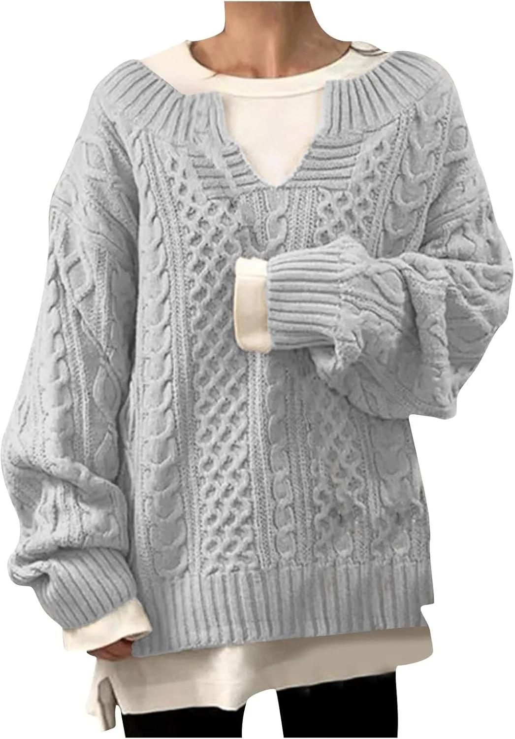 Women's Oversized Off Shoulder Cable Knit V Neck Long Sleeve Sweaters Pullover Loose Fitting Jumper Tops Plus Size