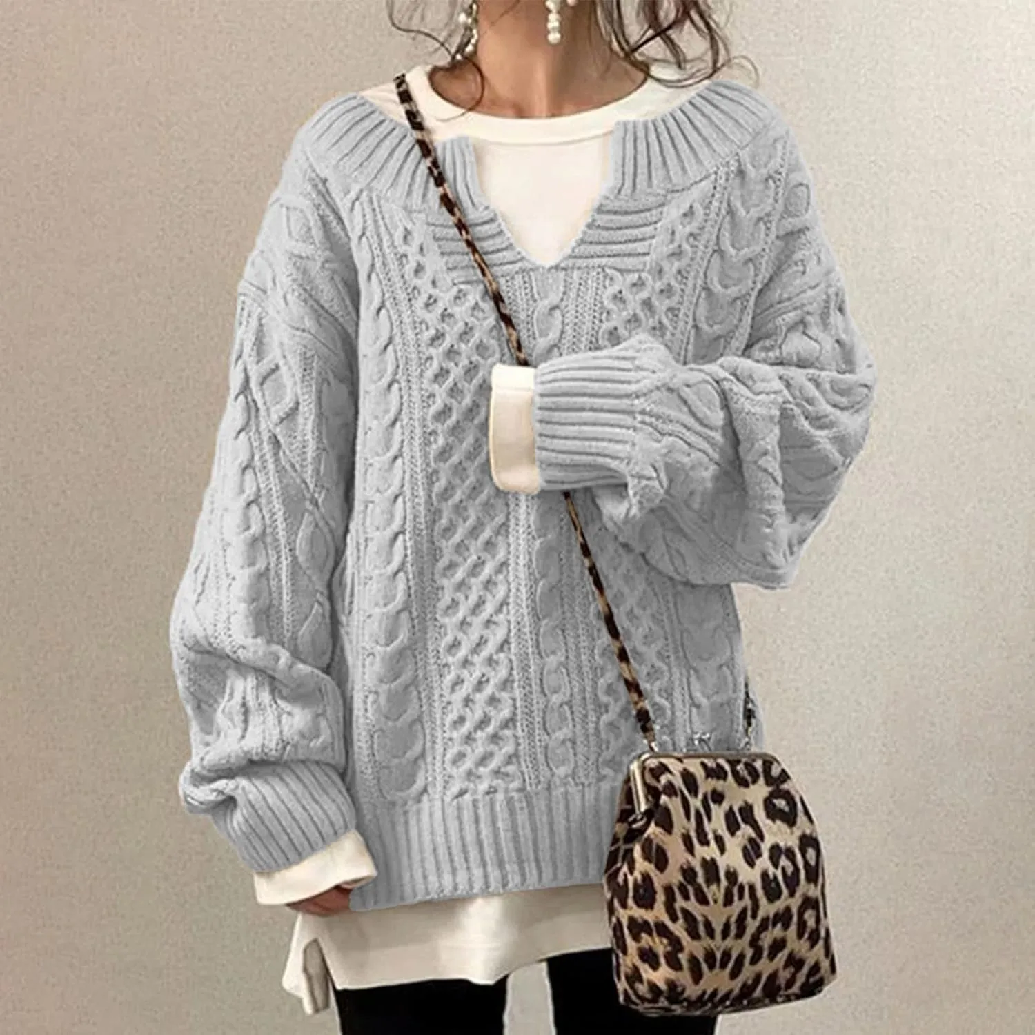 Women's Oversized Off Shoulder Cable Knit V Neck Long Sleeve Sweaters Pullover Loose Fitting Jumper Tops Plus Size