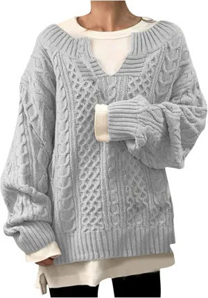 Women's Oversized Off Shoulder Cable Knit V Neck Long Sleeve Sweaters Pullover Loose Fitting Jumper Tops Plus Size